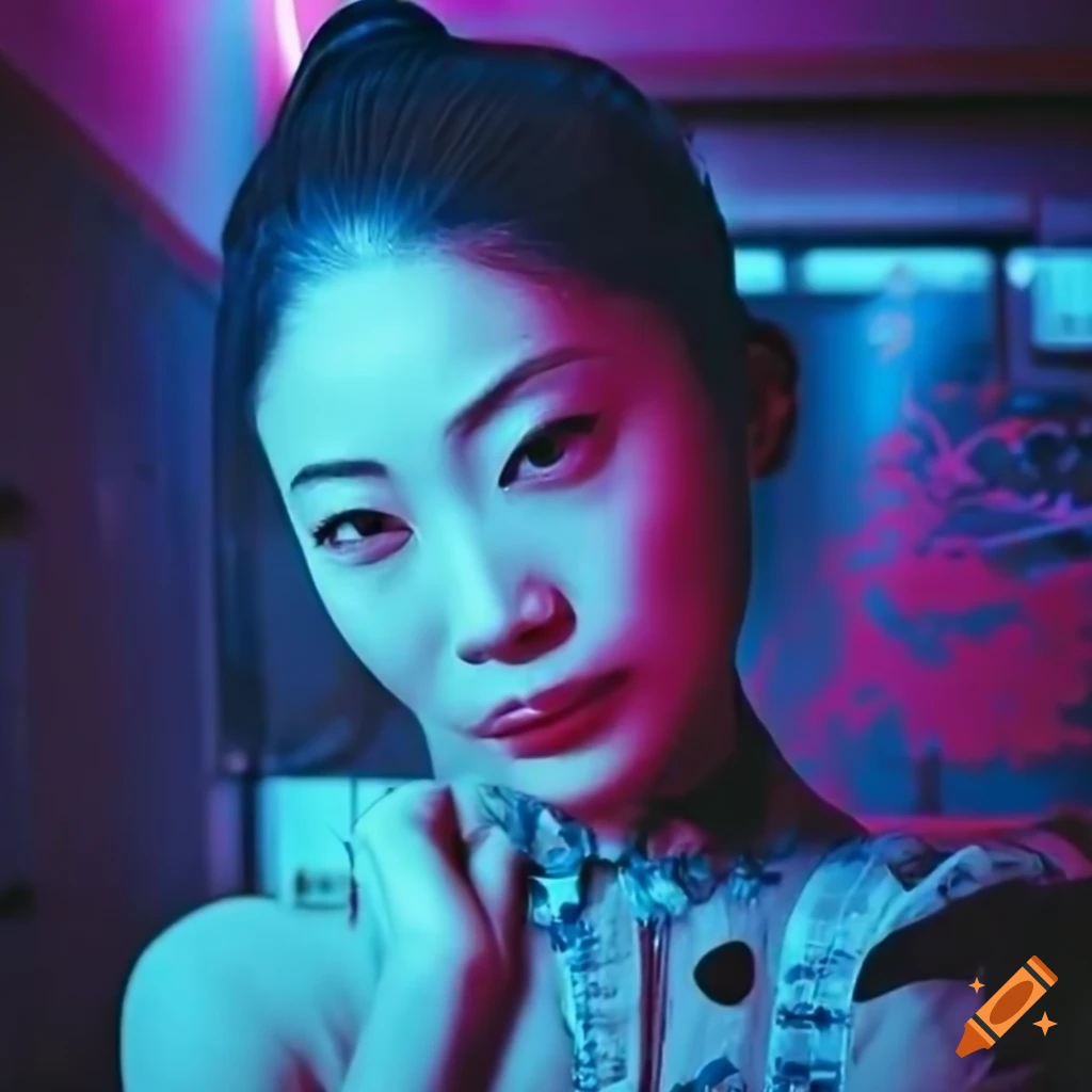 Tom Hardy and a Japanese woman in a neon-lit Tokyo hotel room