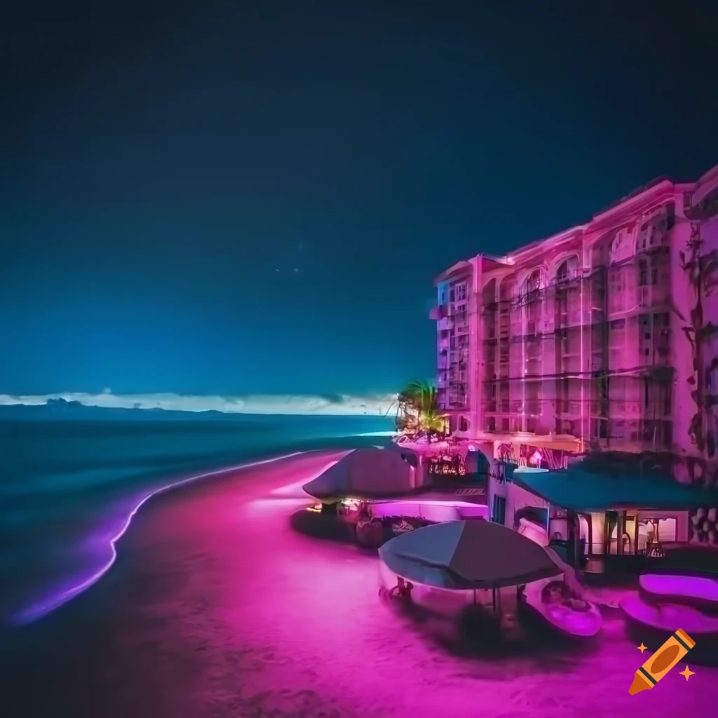 Balcony view of a starry beach resort with pink hotel, neon pools, arcade, and soft neon ocean