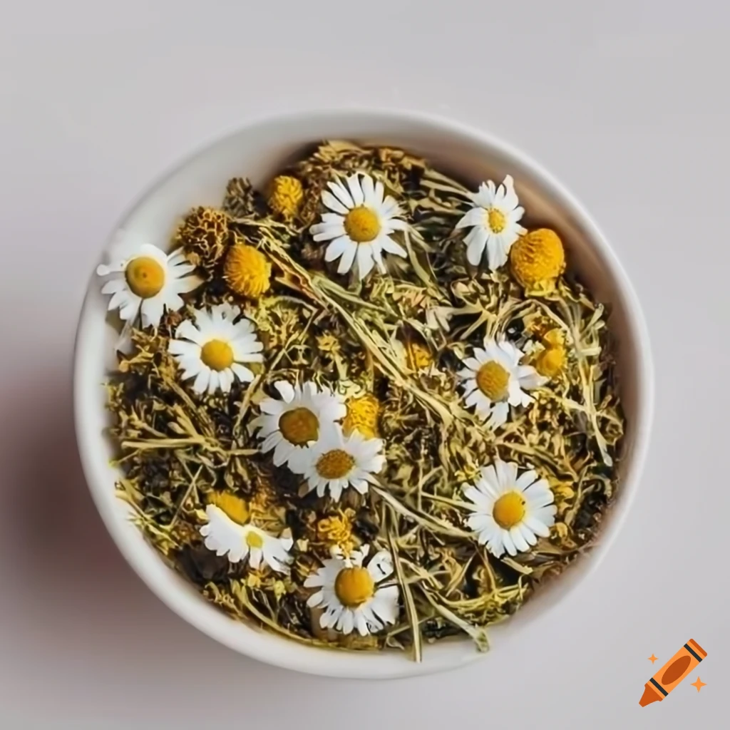 Chamomile herbs in bowl on wooden surface with light background