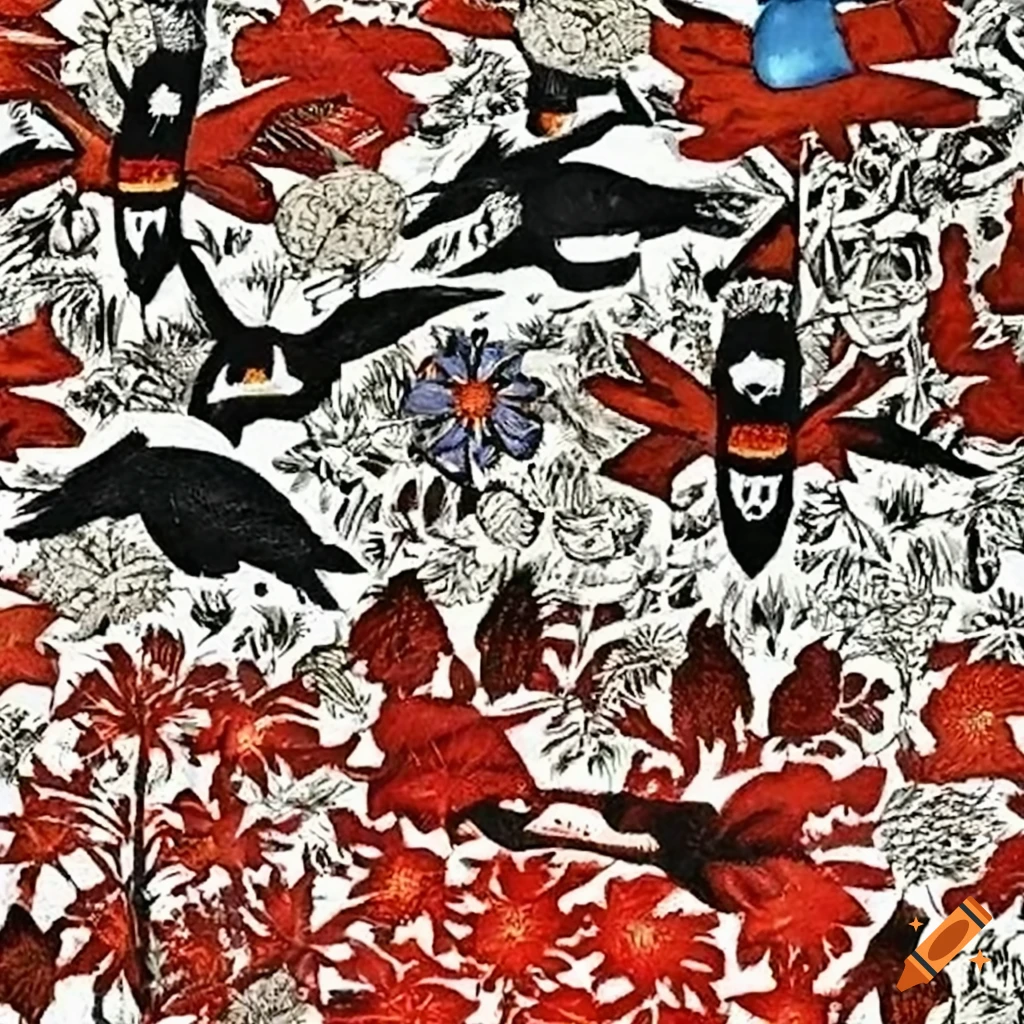 Woodcut of Salish totem animals in a field of flowers by Carrington, Rivera, and Crane