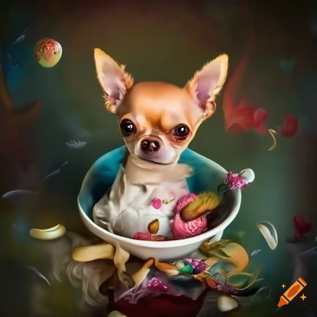 Chihuahua in a whimsical teacup surrounded by fantastical creatures in Wonderland