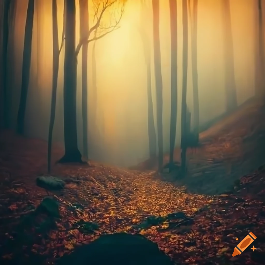 Autumn sunlight through rocky bluffs in morning fog
