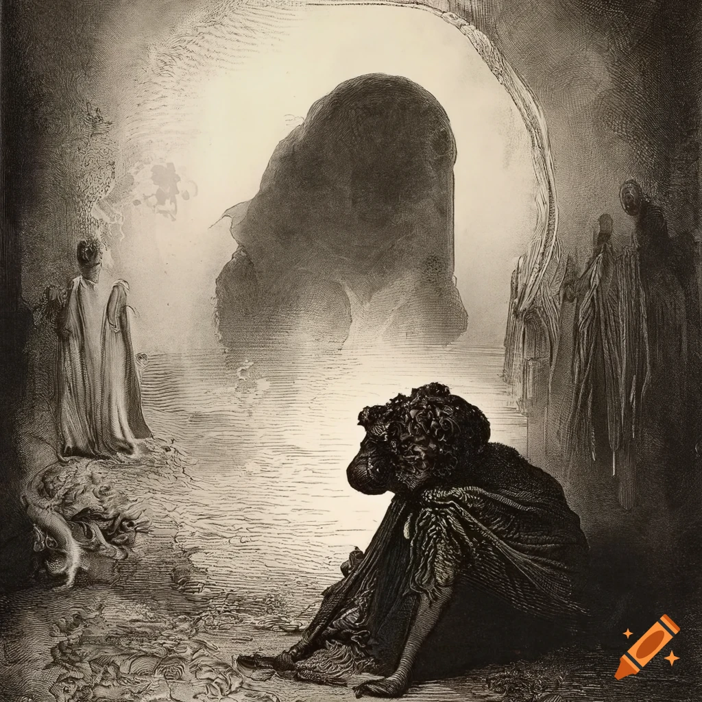 Mezzotint of dreams, Alice's adventure in future 2420 by Gustave Dore in high resolution black and white