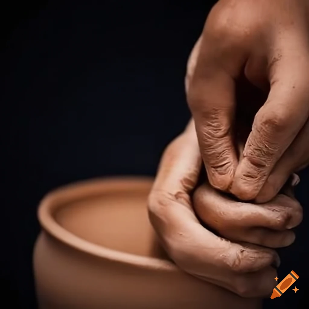 Hands molding a clay pot