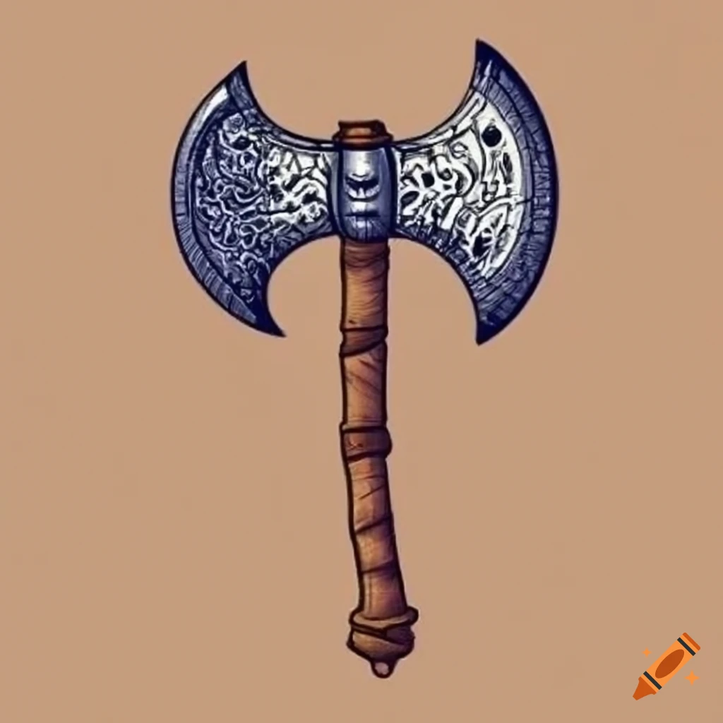 Detailed line art of an antiqued battle axe with battle scars