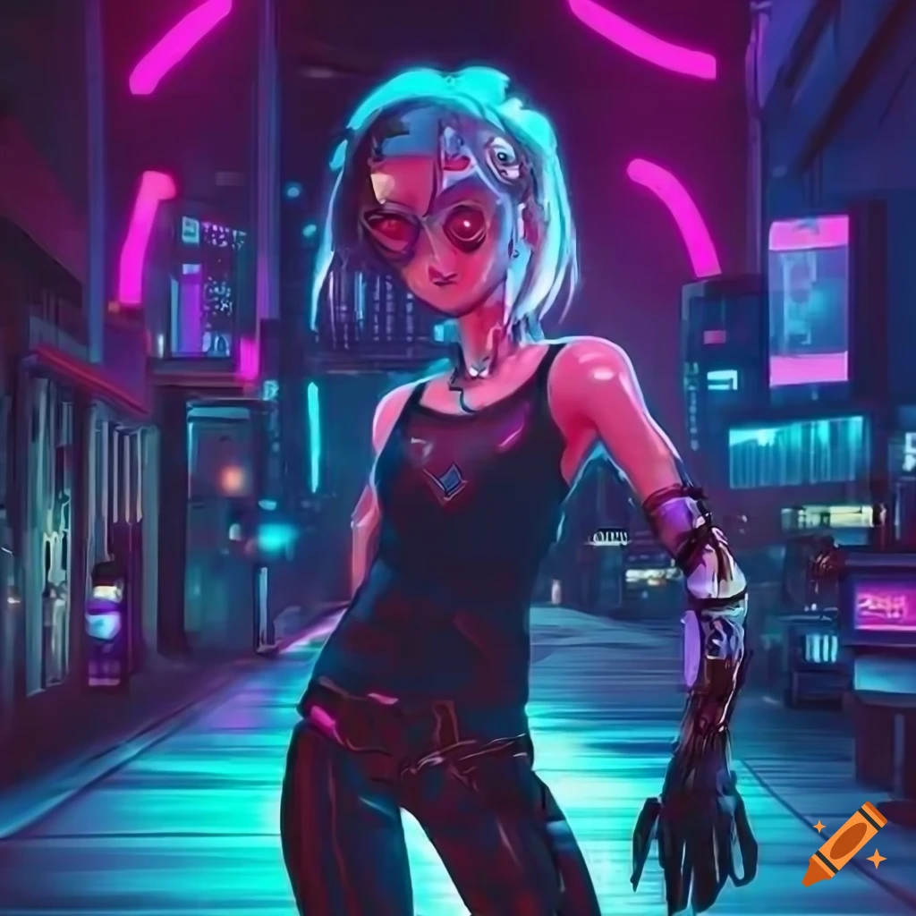Androgynous character with cybernetic enhancements in a neon-lit Cyberpunk city