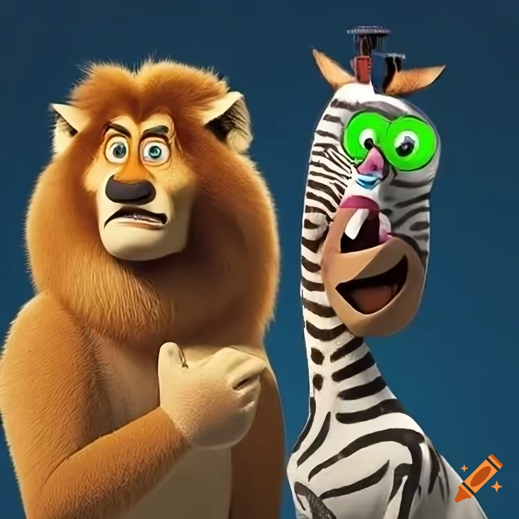 Meme graphic featuring the main characters from Madagascar including the lion, zebra, giraffe, and King Julien, with Melina the giraffe sitting on a