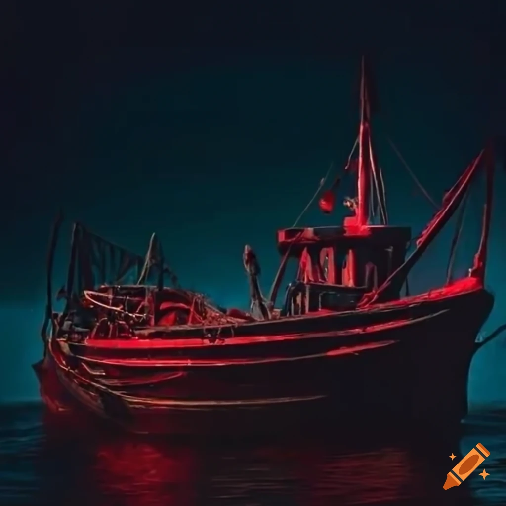 Dark red fishing boat in a harbor with seagulls in the sky