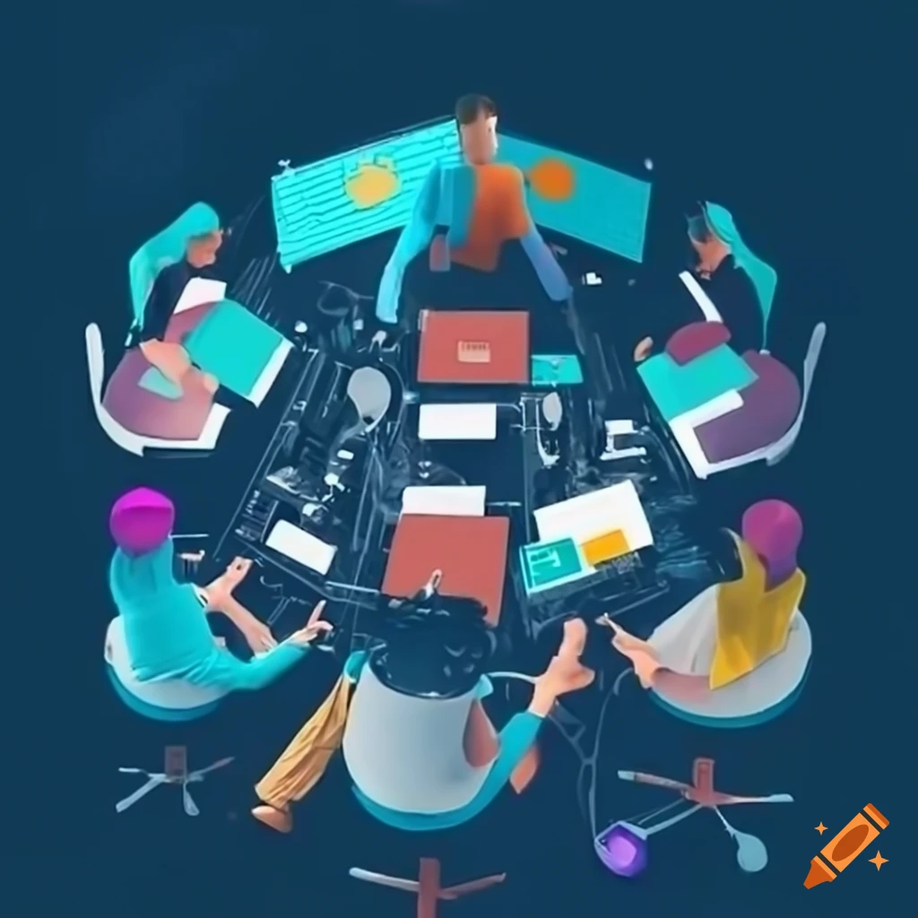 Team collaborating and brainstorming in a modern tech work environment ...