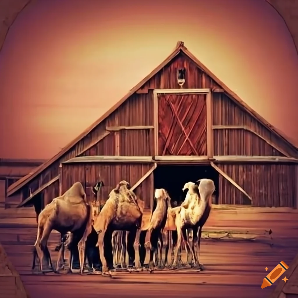Camels under an open barn rooftop