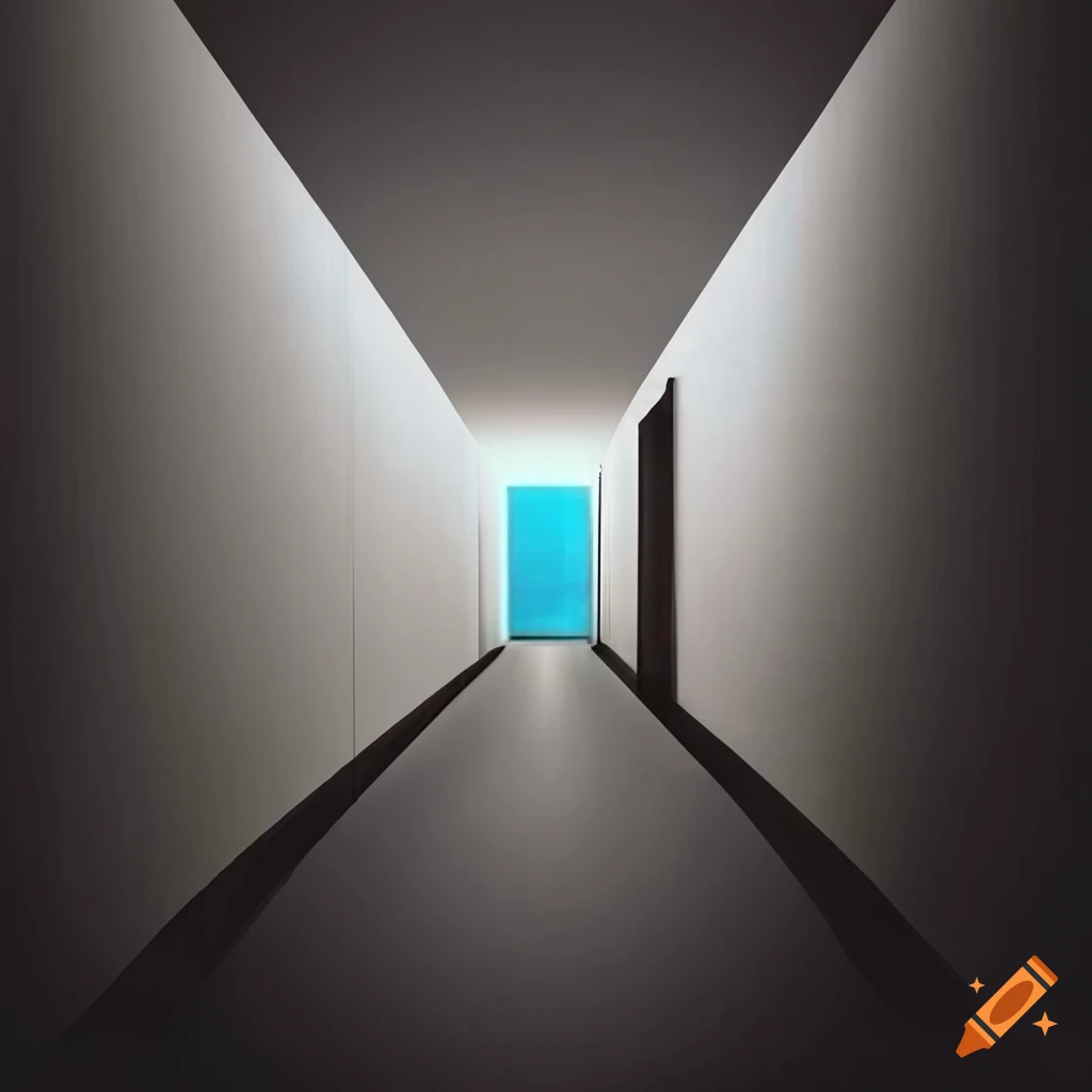 Long narrow corridor with concrete walls leading to a blue sky with fluffy clouds