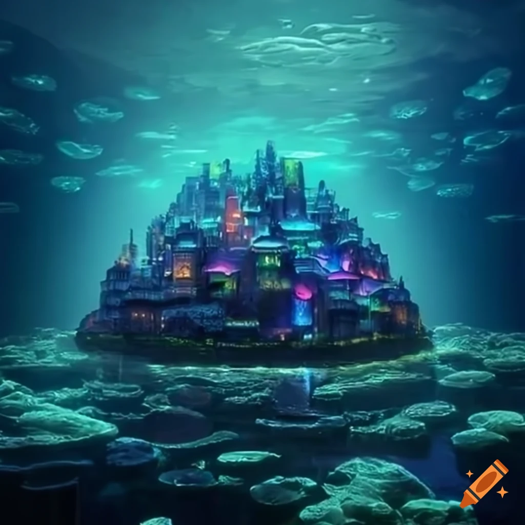 Fantasy underwater city with glowing domes and vibrant marine flora on ...