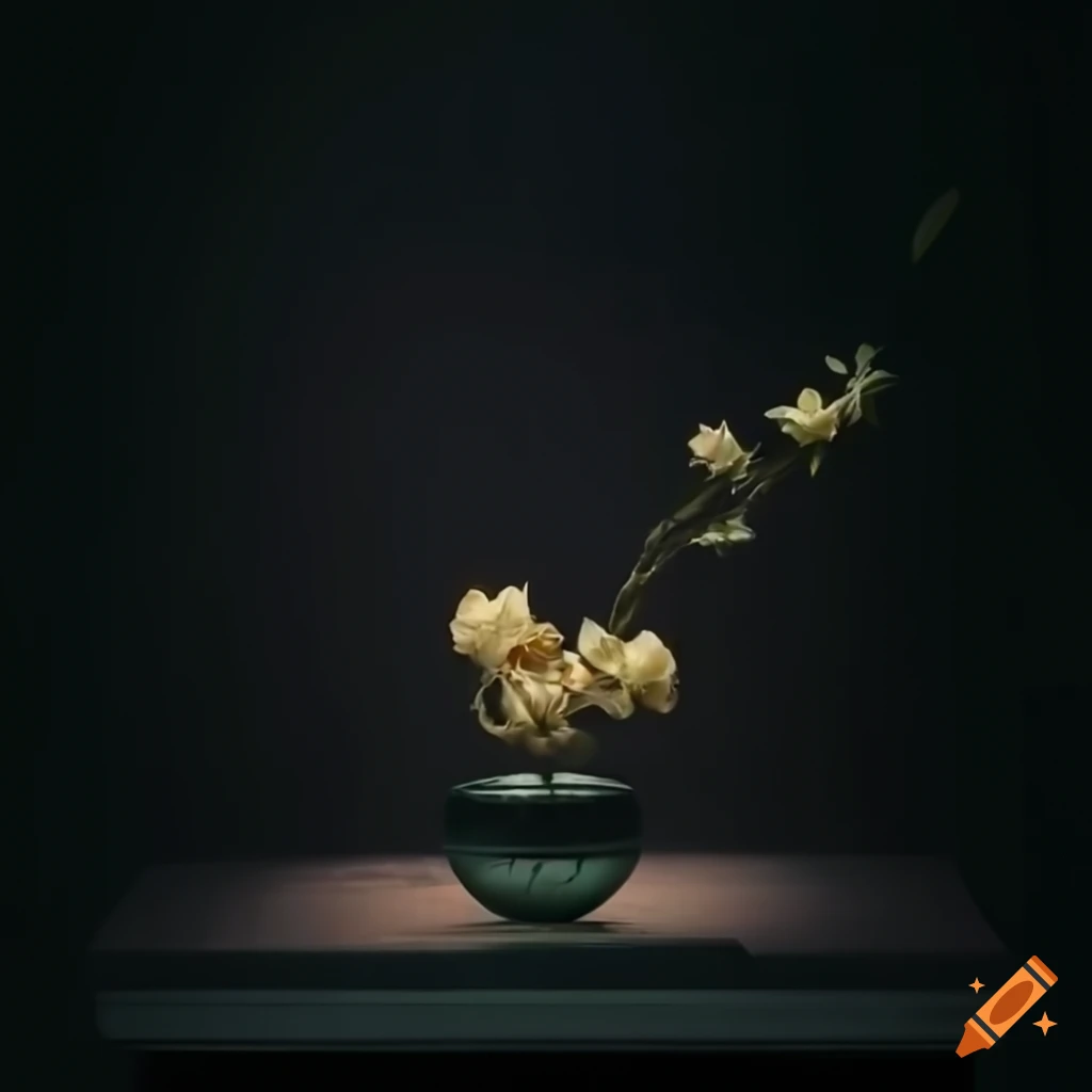 Modern elegant ikebana arrangement with pastel colors and dynamic lighting