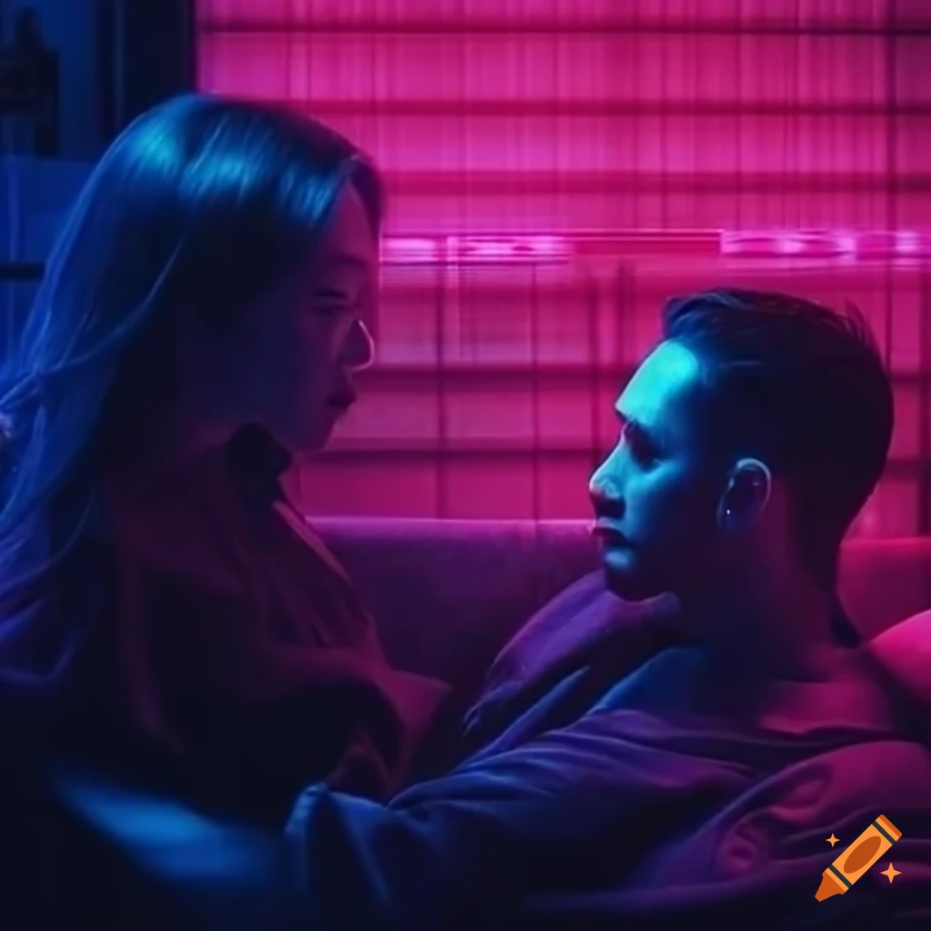 Tom Hardy and Zhang Ziyi sitting together in a neon lit Tokyo hotel room