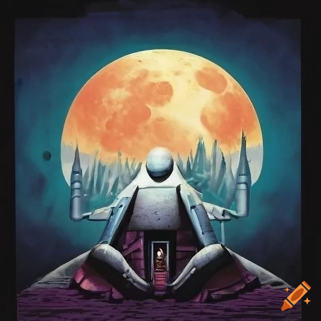 Ralph McQuarrie 70s retro sci-fi hermit moon artwork with a psychedelic touch