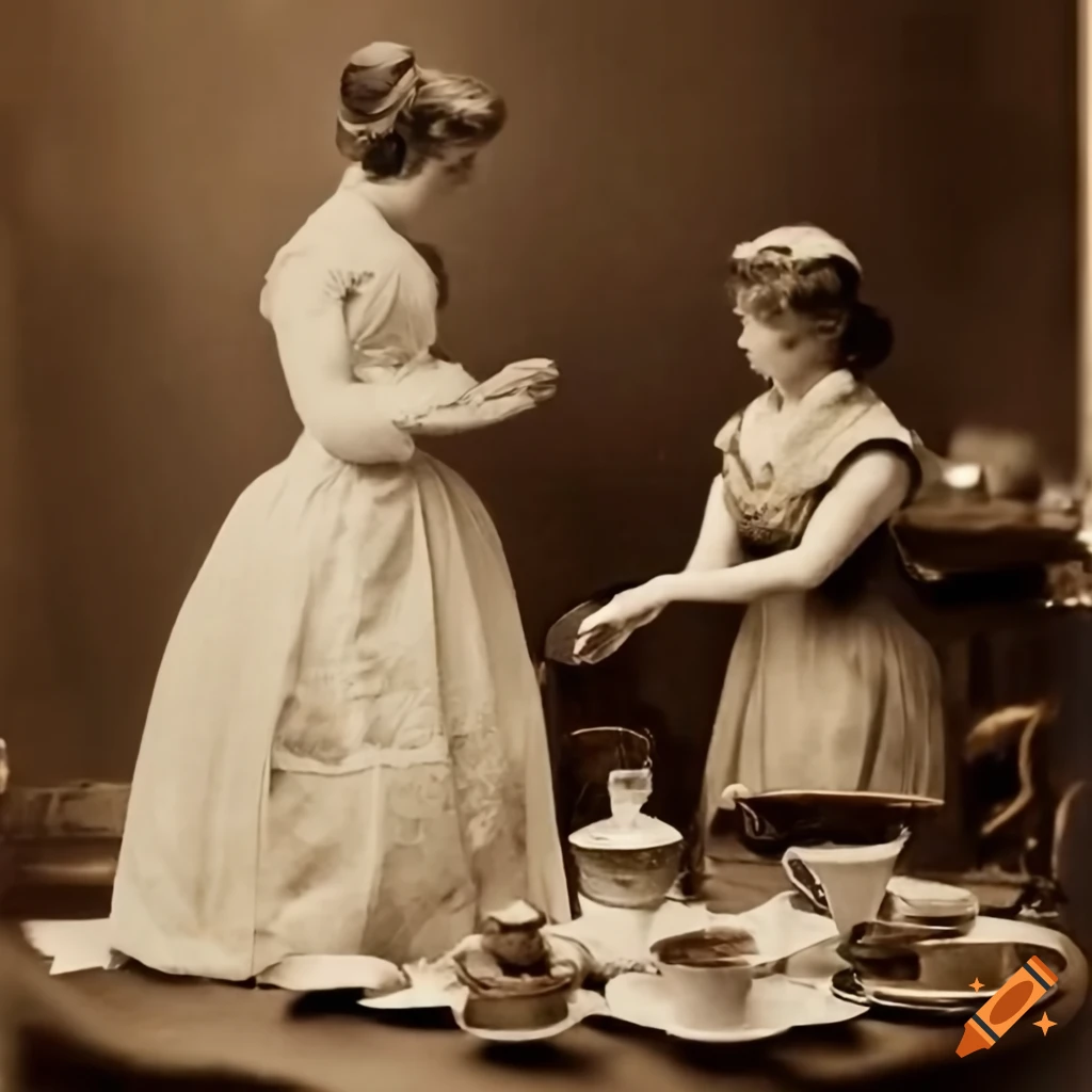 Upper-class hostess welcoming a guest to tea in a sepia photograph