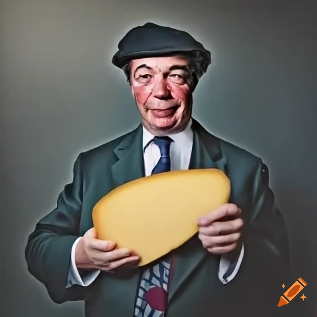 Satirical image of Nigel Farage dressed as a French man with a large piece of cheese