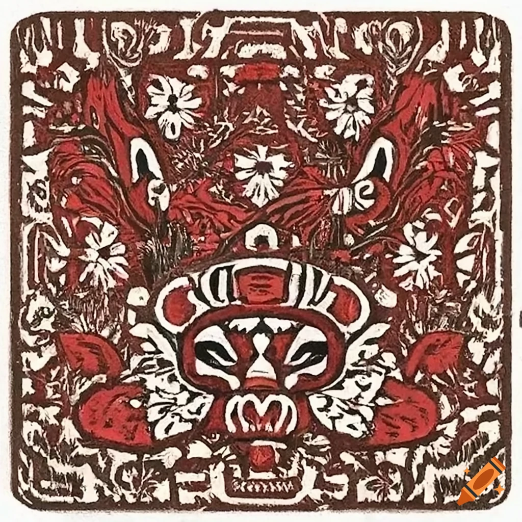 Woodcut of Salish totem animals in a field of flowers by Carrington, Rivera, and Crane