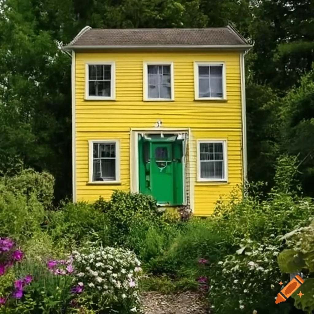 Cheerful yellow house with green shutters and flowers in the yard