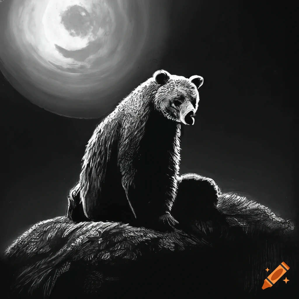 Captivating black-and-white etching of a bear watching the moon rise on a hill