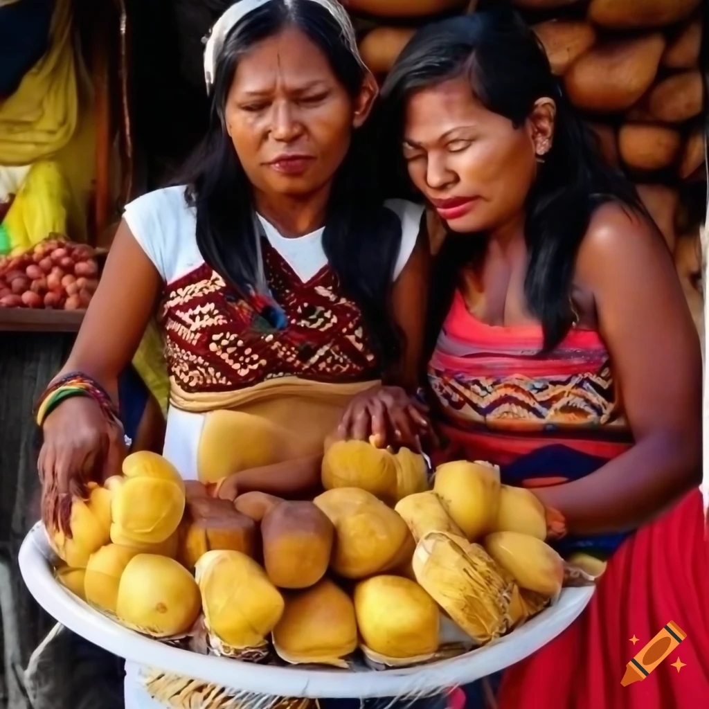 Three women, Black, White, and Indigenous, presenting products at a street fair with a large market in the background. Products include cheese, fruits, cosmetics, and clothes