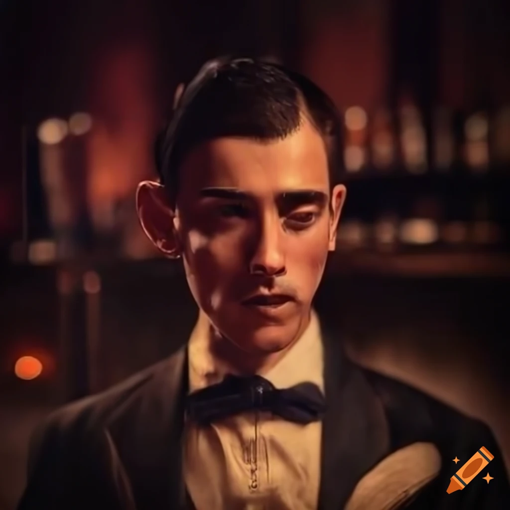 Realistic depiction of a skinny bartender in a 1920s Boston speakeasy