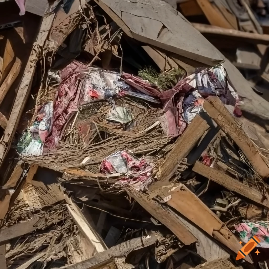 Detail of traditional Hungarian clothes intertwined with a junk garbage nest in a destroyed landscape