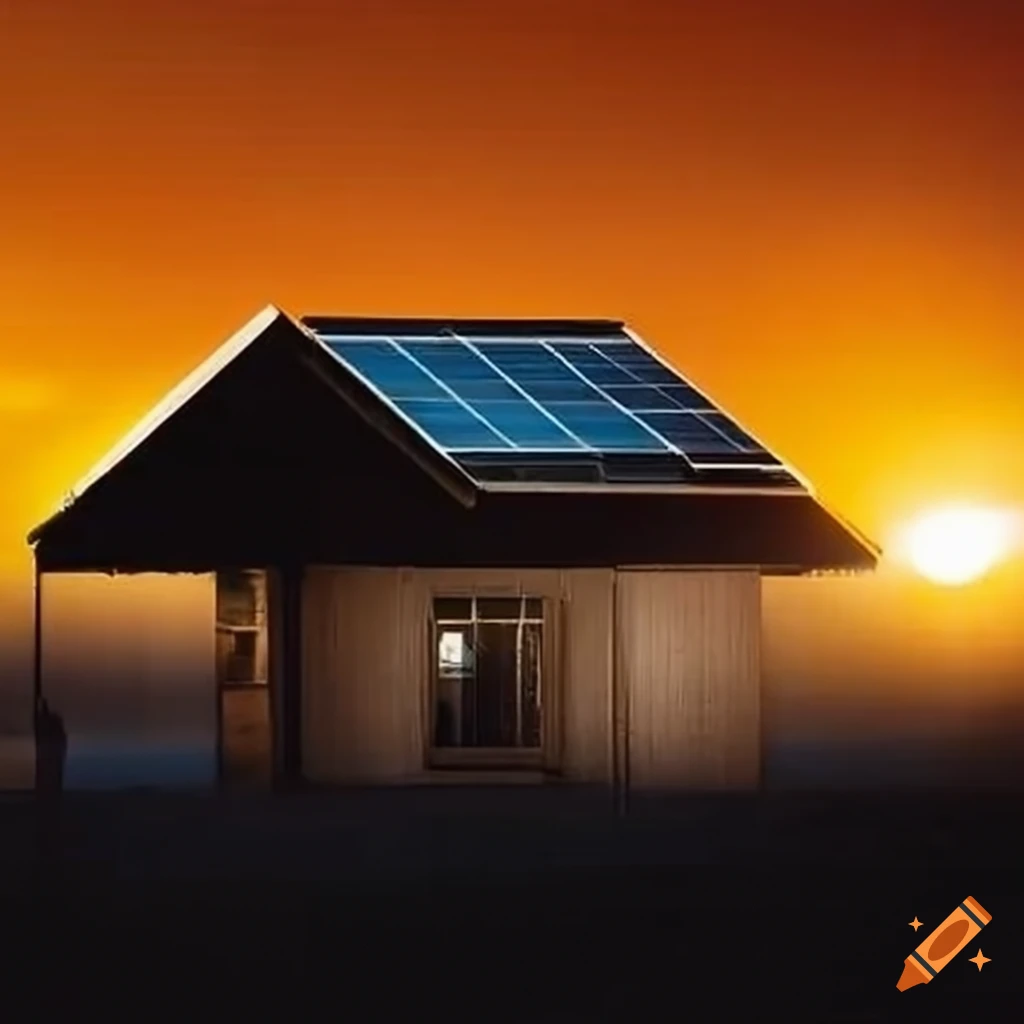 Casa con paneles solares y sol