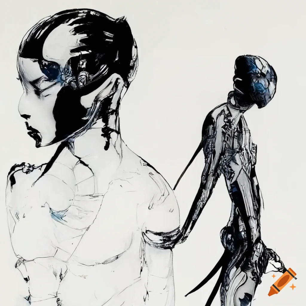 Young male cyborg in white high-tech bodysuit with light cyan hair