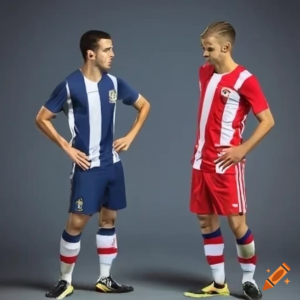 Soccer players in navy blue and red kits engaging in a match