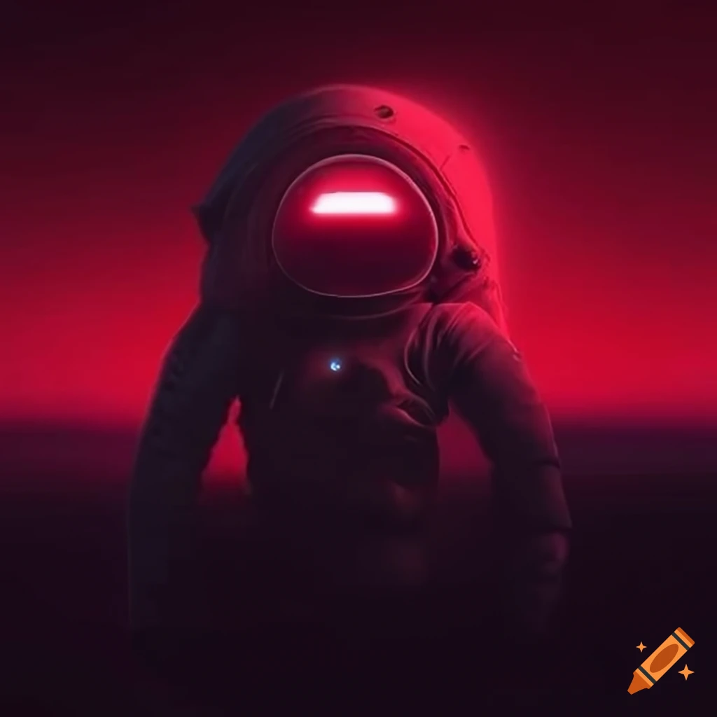 Astronaut sitting on alien landscape with red glow