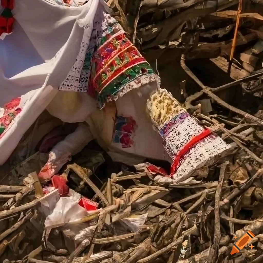 Detail of traditional Hungarian clothes in a junk garbage nest in a destroyed landscape