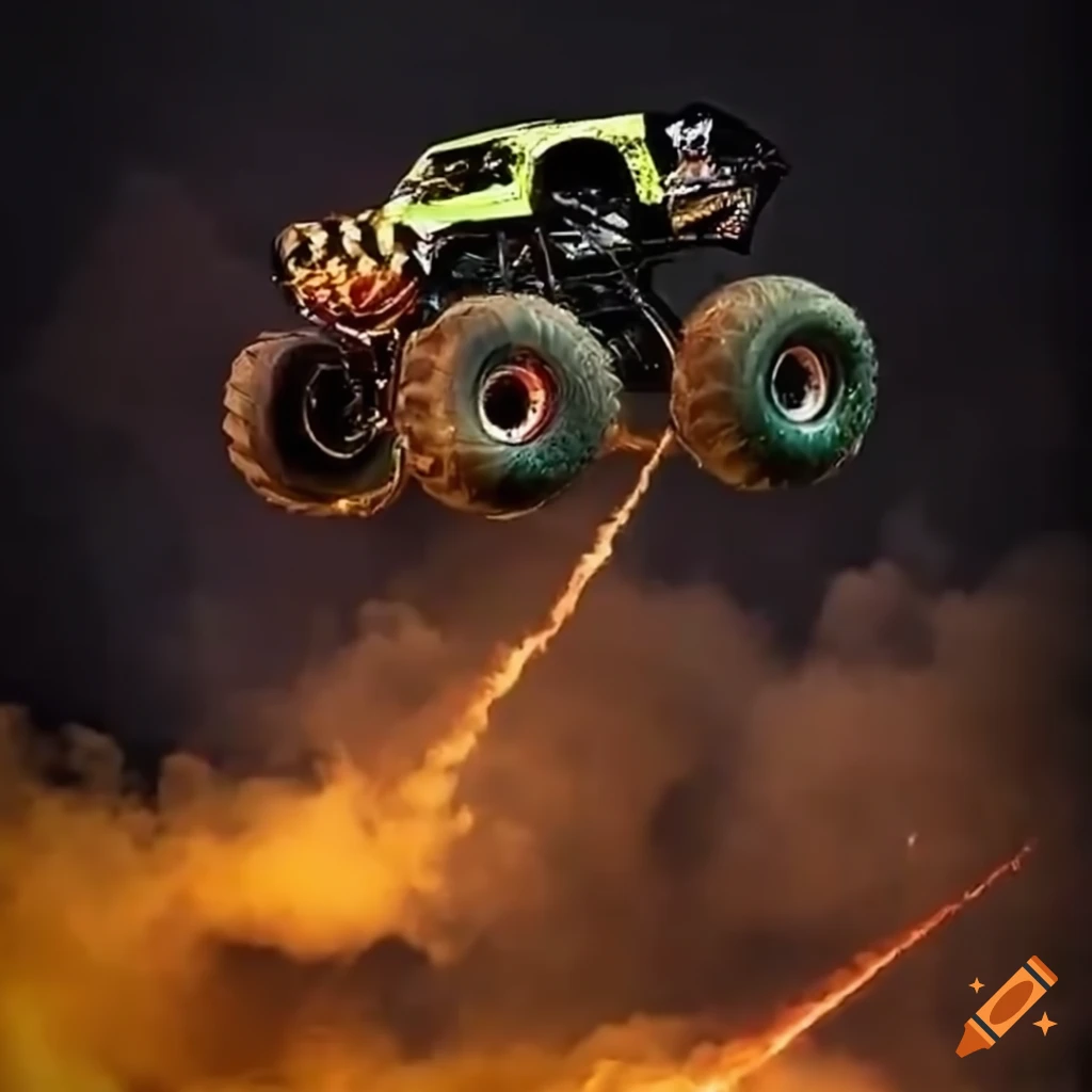 Monster truck defying gravity with sparks flying during a jump