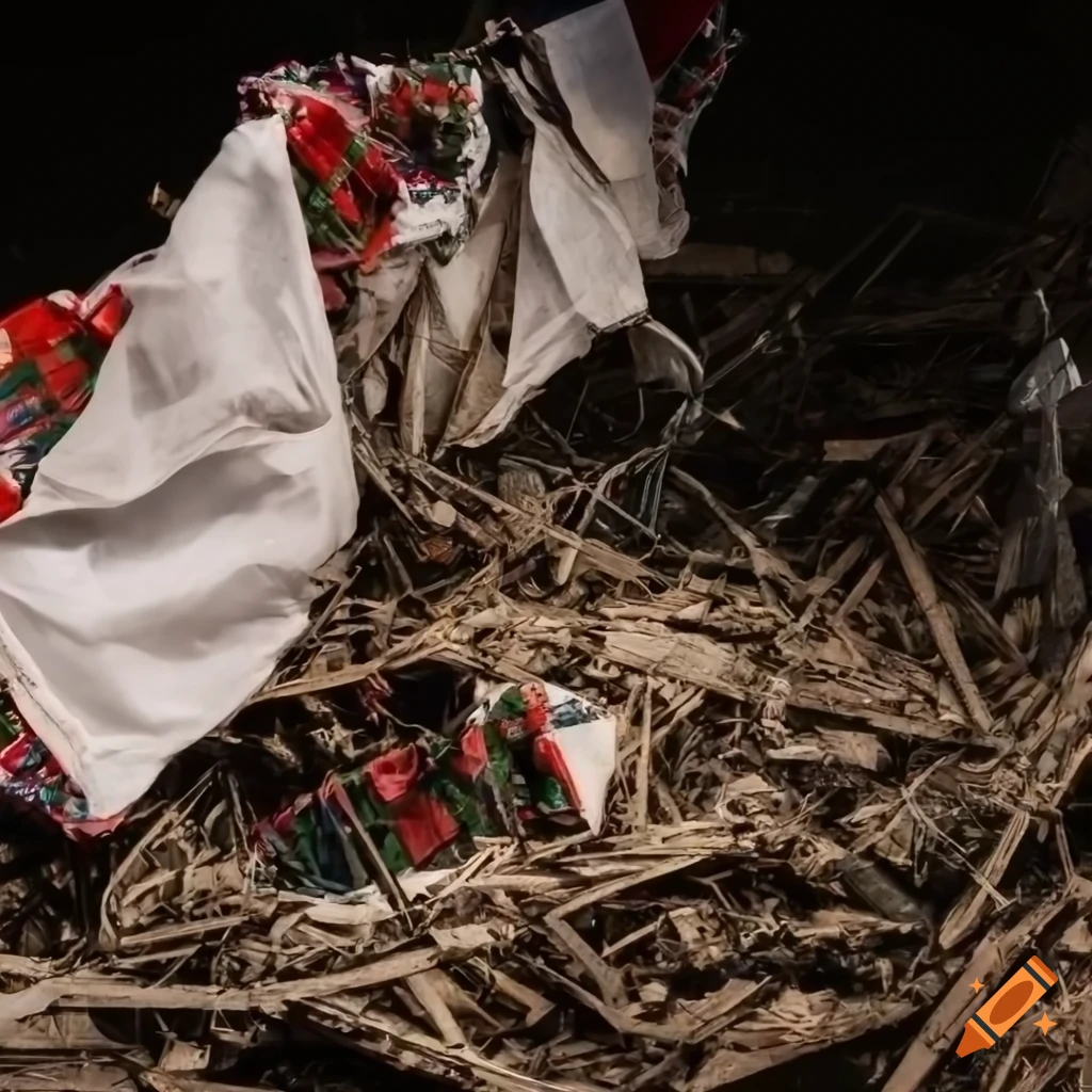 Detail of traditional Hungarian clothes caught in a web of junk garbage in a destroyed landscape