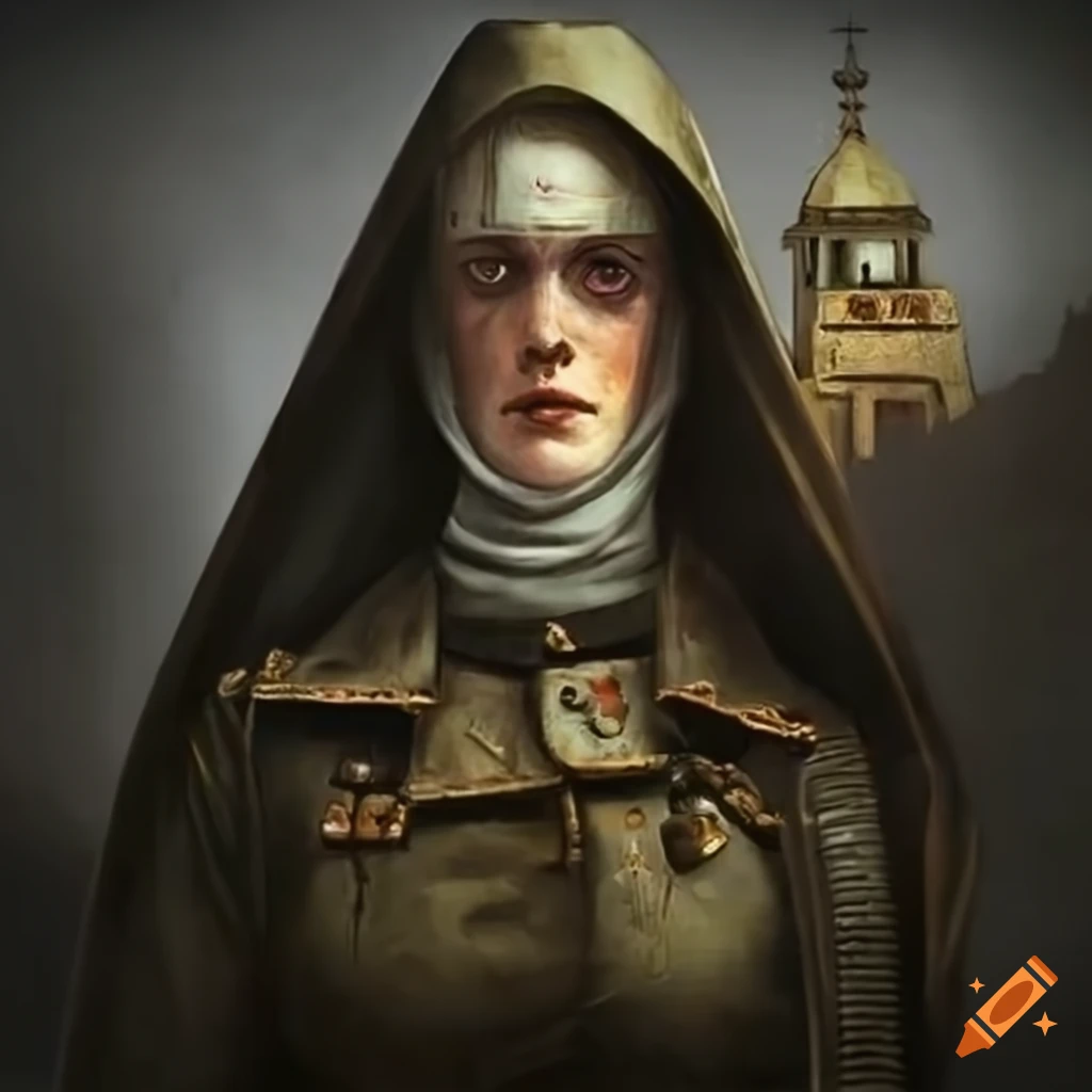 Dieselpunk Machine Militant-Nun in World War One Trenches battling demons
