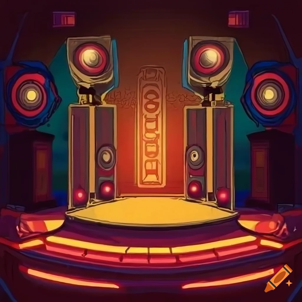 90s X-men style stage with lights and speakers