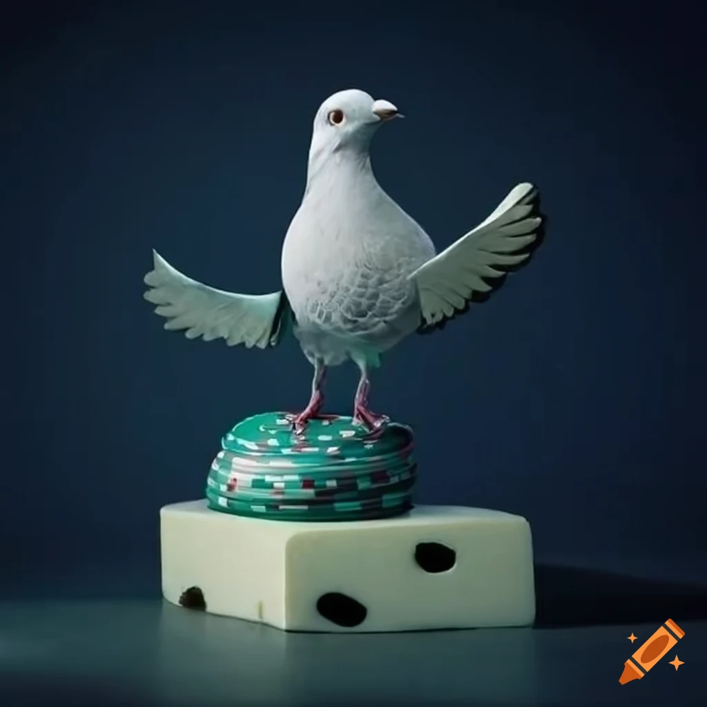 Pigeon statue playing poker sculpted from cheese