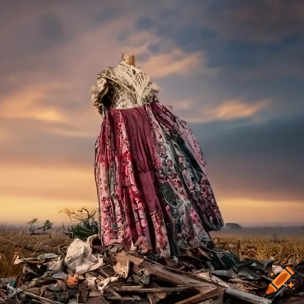 Detail of traditional Hungarian clothes in a destroyed landscape with bright sky