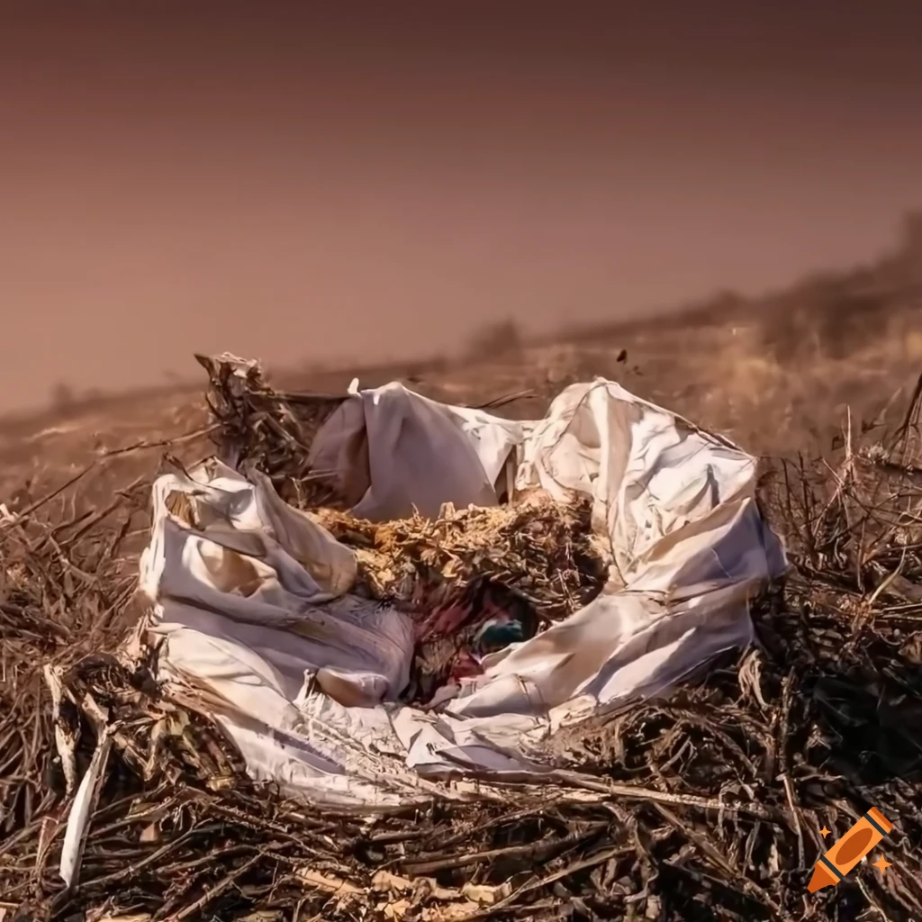 Traditional Hungarian clothes entangled in junk garbage in a destroyed landscape