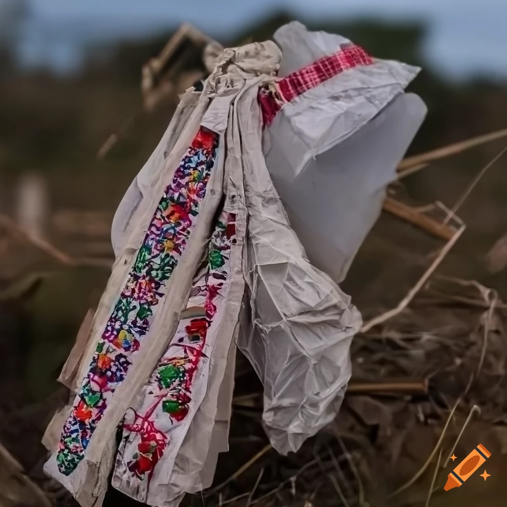 Detail of traditional Hungarian clothes caught in a web of junk garbage in a destroyed landscape