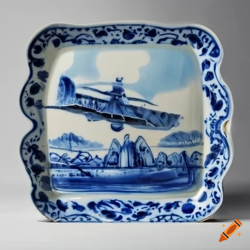 Blue and white ceramic tray with a vintage biplane design