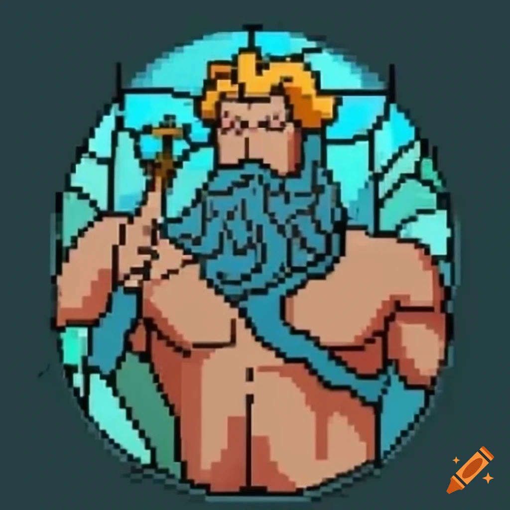 Stained glass window of Poseidon in 8-bit NES style