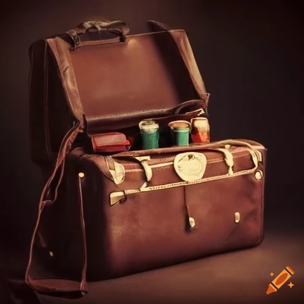 Vintage doctor's leather travelling bag with medical equipment from the 1920s