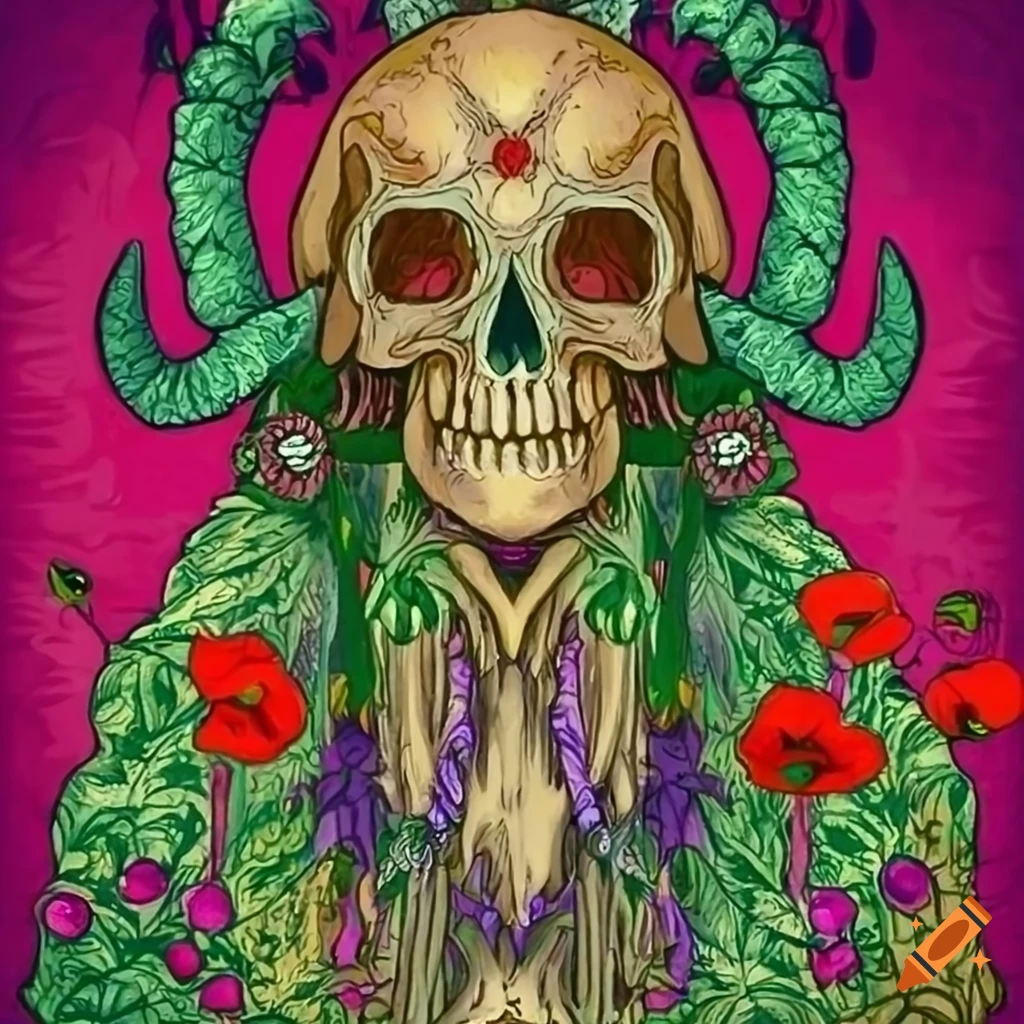Skull druid shaman with Aries horns and colorful plant with poppy