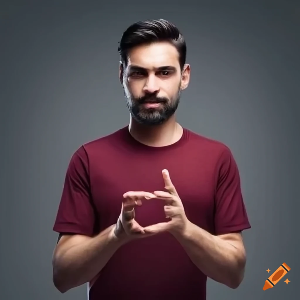 Middle-aged man with black hair in burgundy t-shirt gesturing with hands