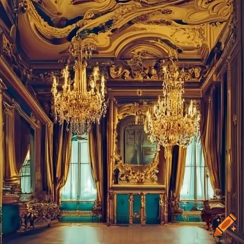 Opulent palace interior with lit candles and chandeliers