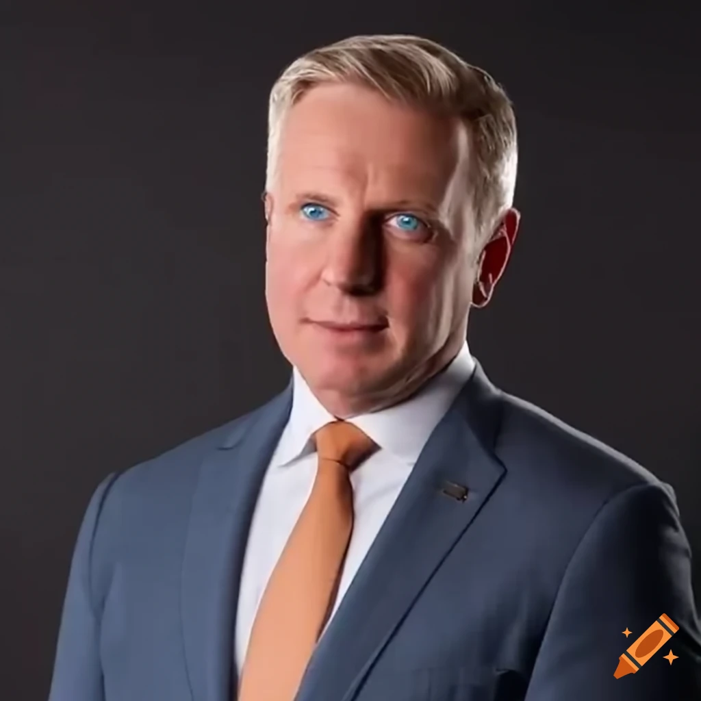 Fit confident white male politician in his forties with blonde-grey hair and blue eyes