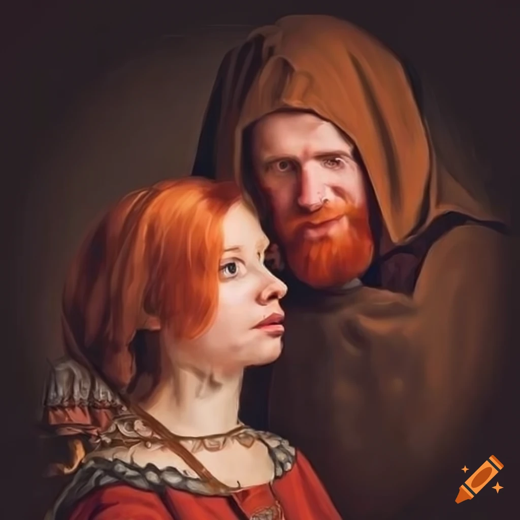 Medieval master and servant with a redhead companion