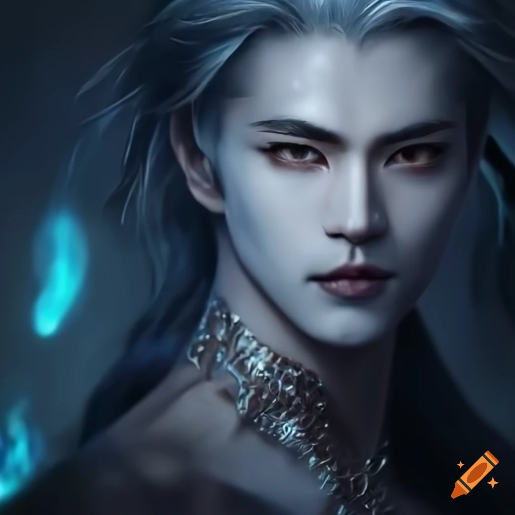 Male djinn with grey hair and dark eyes in mist with bokeh and jewels