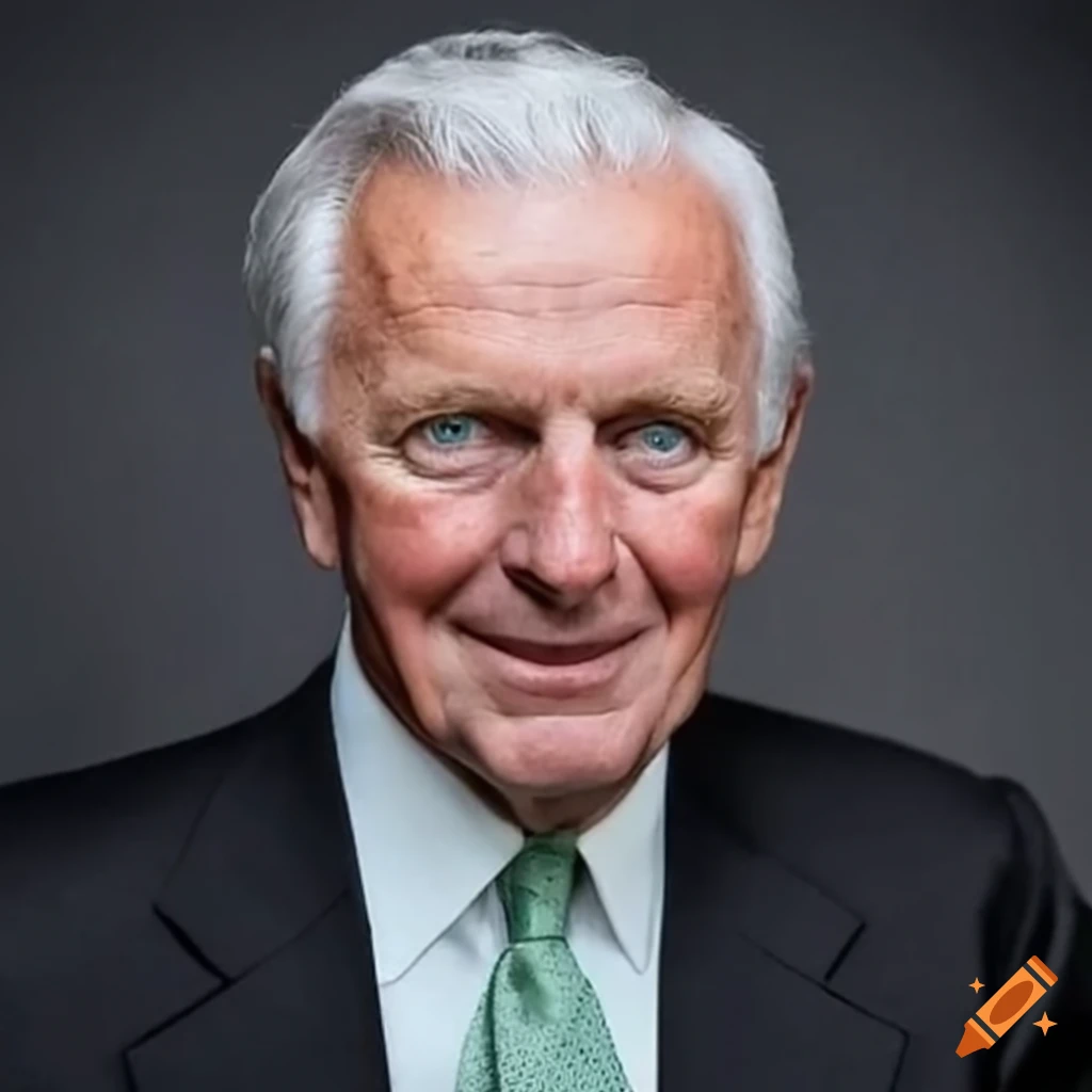 Elegant older politician in black suit with pale green tie